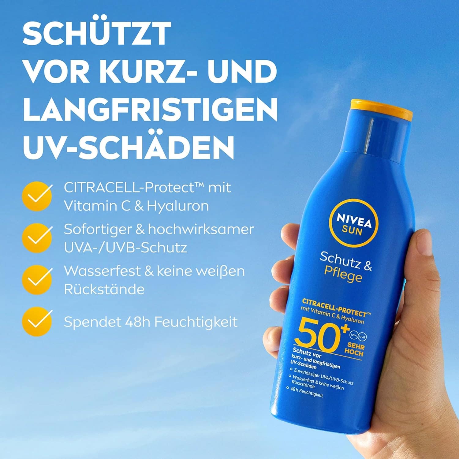 NIVEA SUN Schutz & Pflege Sonnenlotion LSF 50+, wasserfester Sonnenschutz mit Vitamin C & Hyaluron, schnell einziehende Sonnencreme für 48h Feuchtigkeit ohne weiße Rückstände (200 ml)